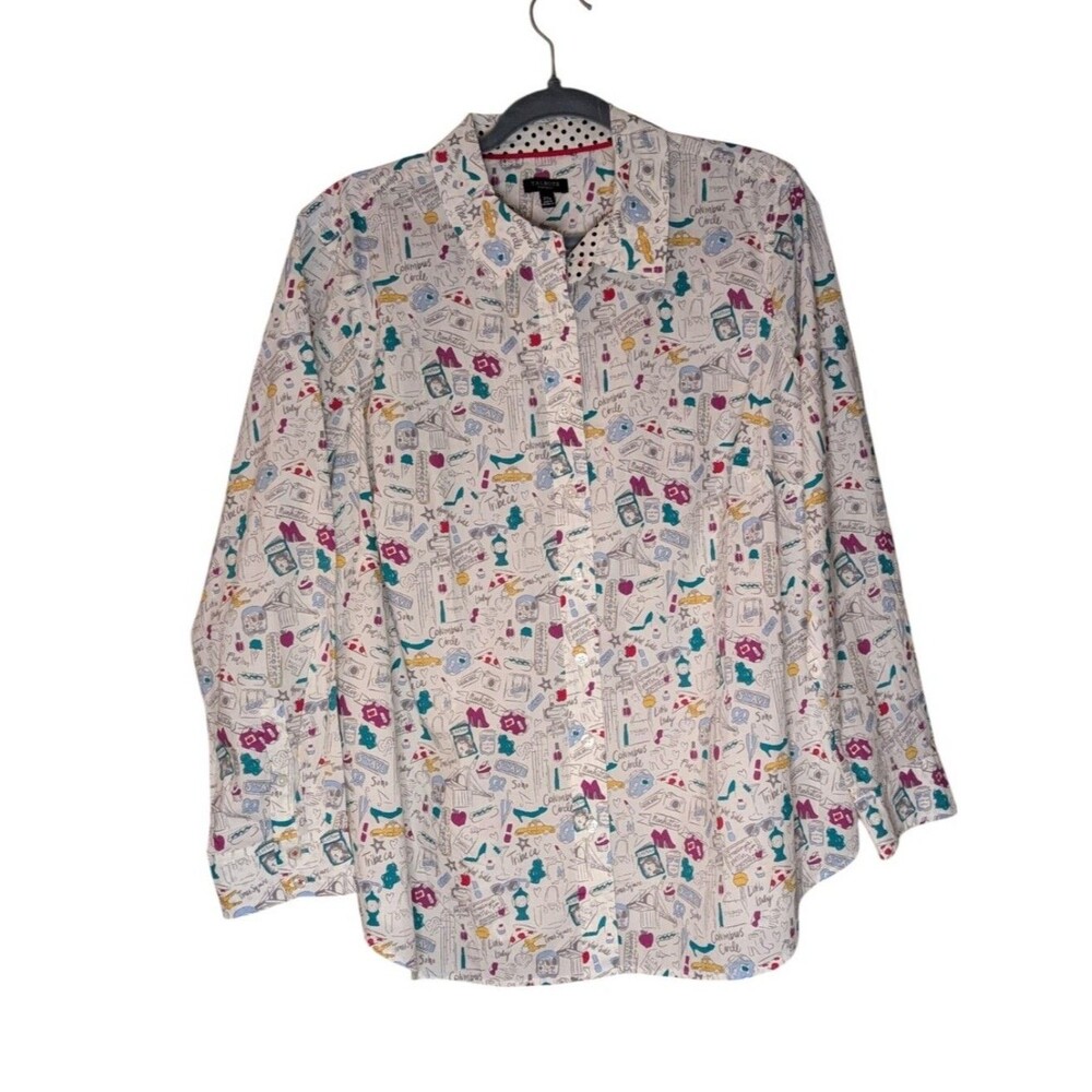 Talbots cotton button down shirt NYC doodle multicolor graphic novelty print 2Xp